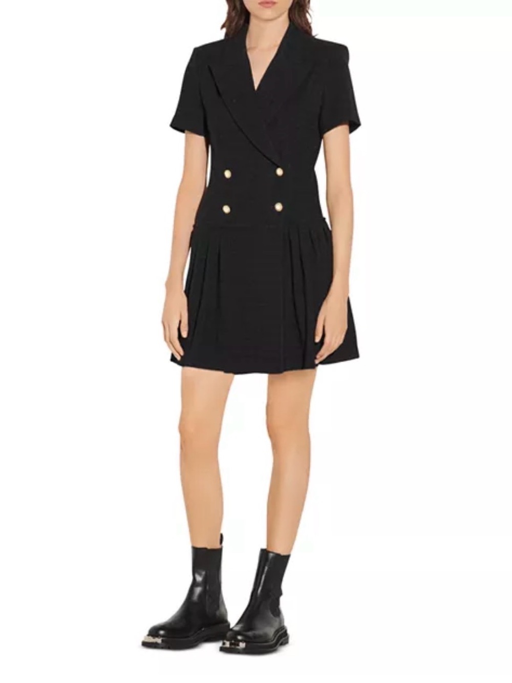 Sandro Black Double-Breasted Mini Dress with Gold Buttons
